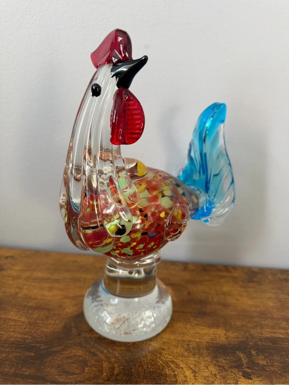 Pier 1 Hand Blown Art Glass Rooster Confetti Blue Red Farmhouse Figurine